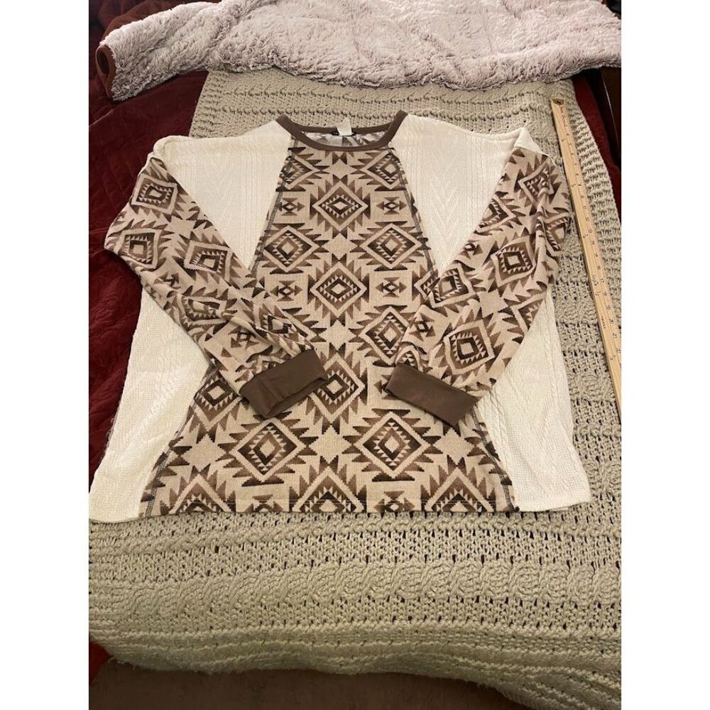 Heimish U.S.A. Womens 2XL Tribal Print Long Sleeve Knit Top Beige &‎ Brown